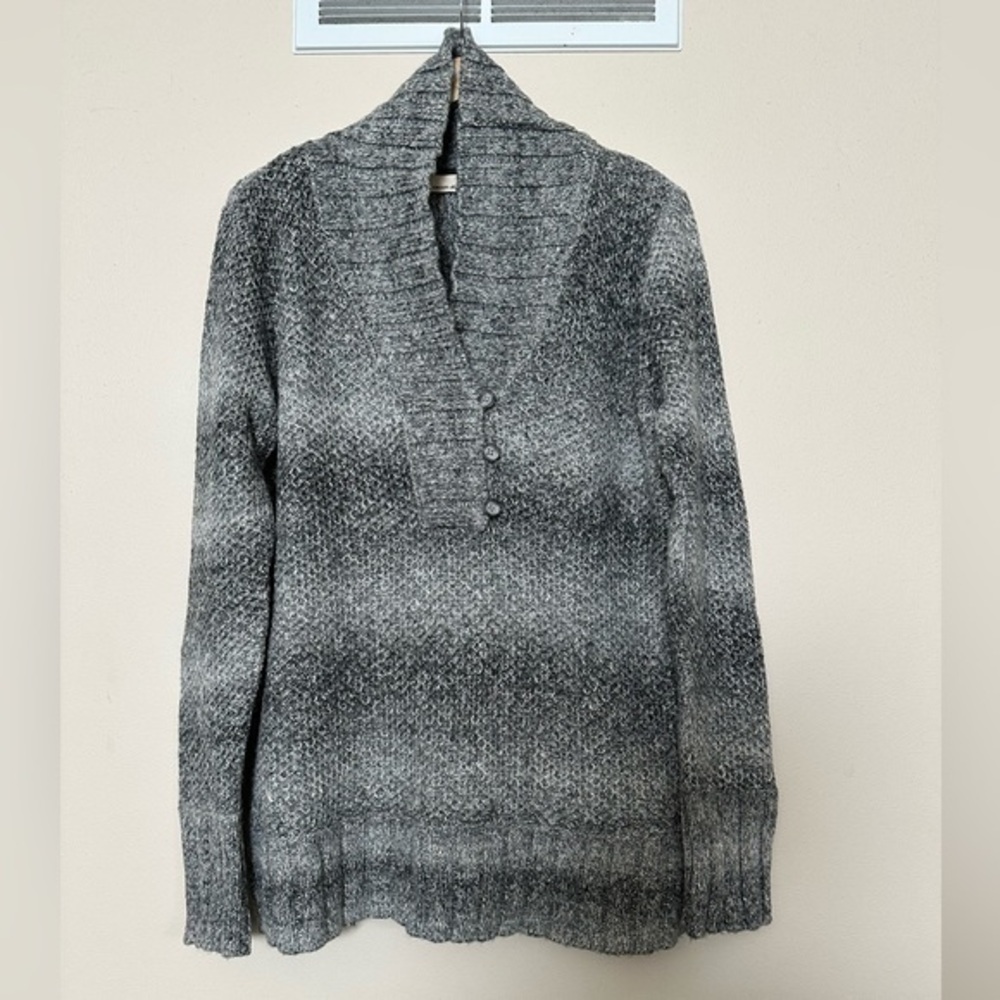 DKNY Brand Black and Gray Stripped Cowl Neck Button Up Sweater Size XL